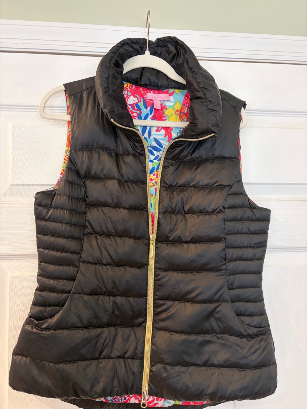 Lilly Pulitzer Black Quilted Puffer Vest with Floral Lining